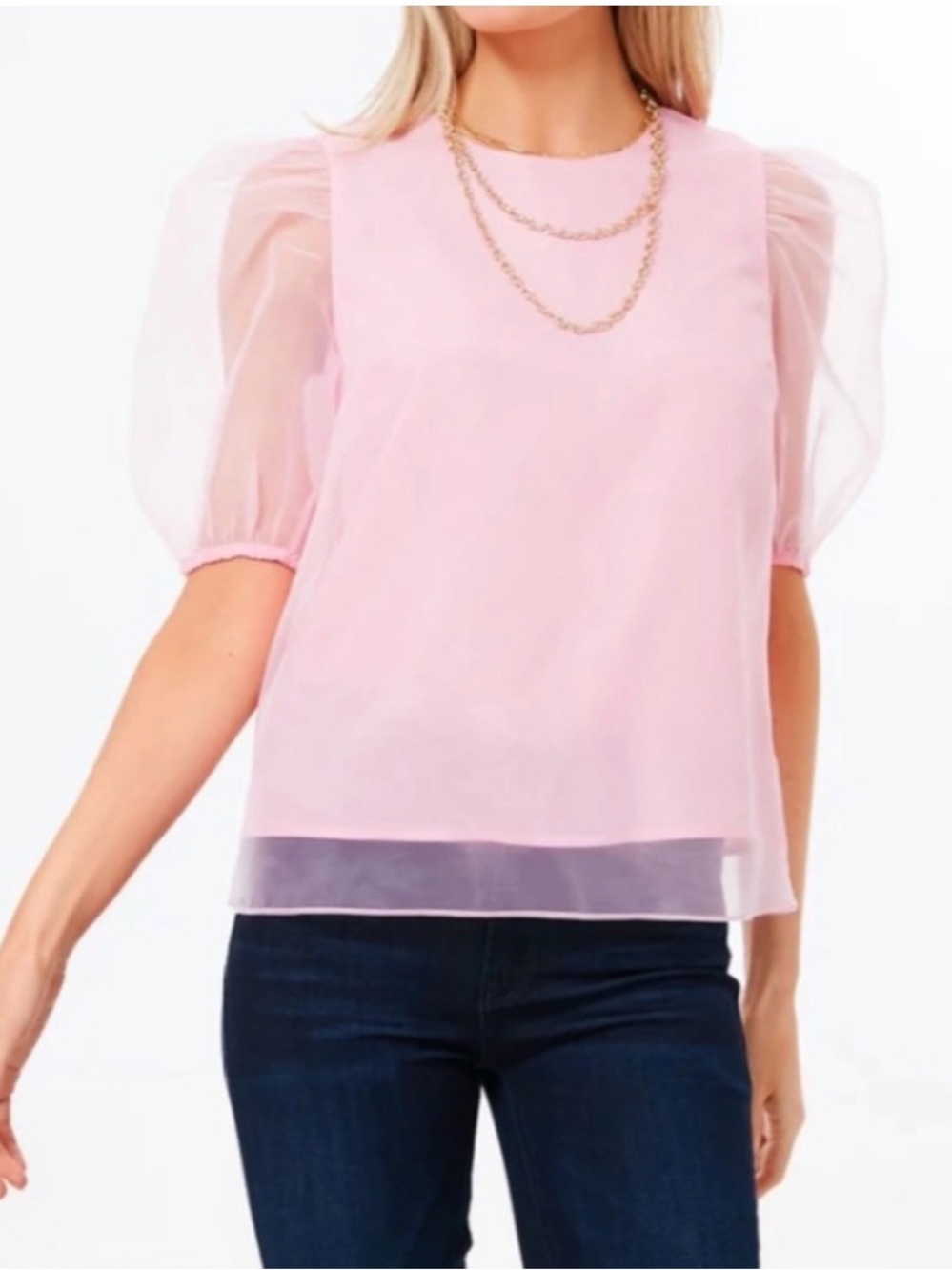 Hyacinth House Tuckernuck Sheer Puff-Sleeve Blouse in Pale Pink